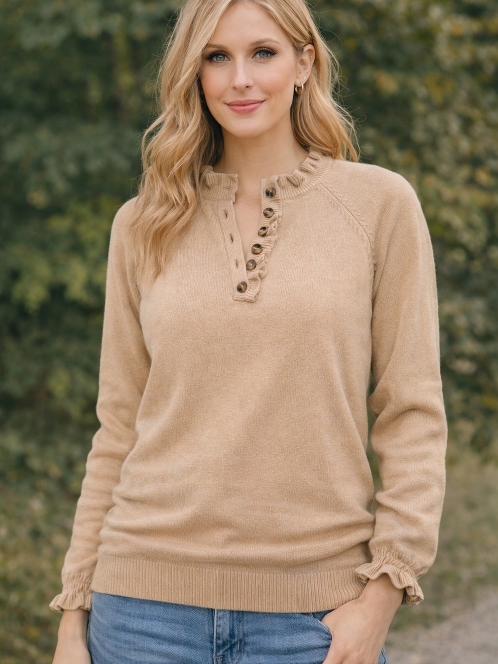 NWT BTFBM® Women's tan Ruffle Henley Sweater Size Medium